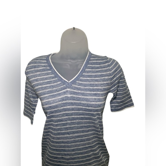 Caara Blue White Striped Linen Tee Shirt Few Moda NWT Size Small - Picture 4 of 6